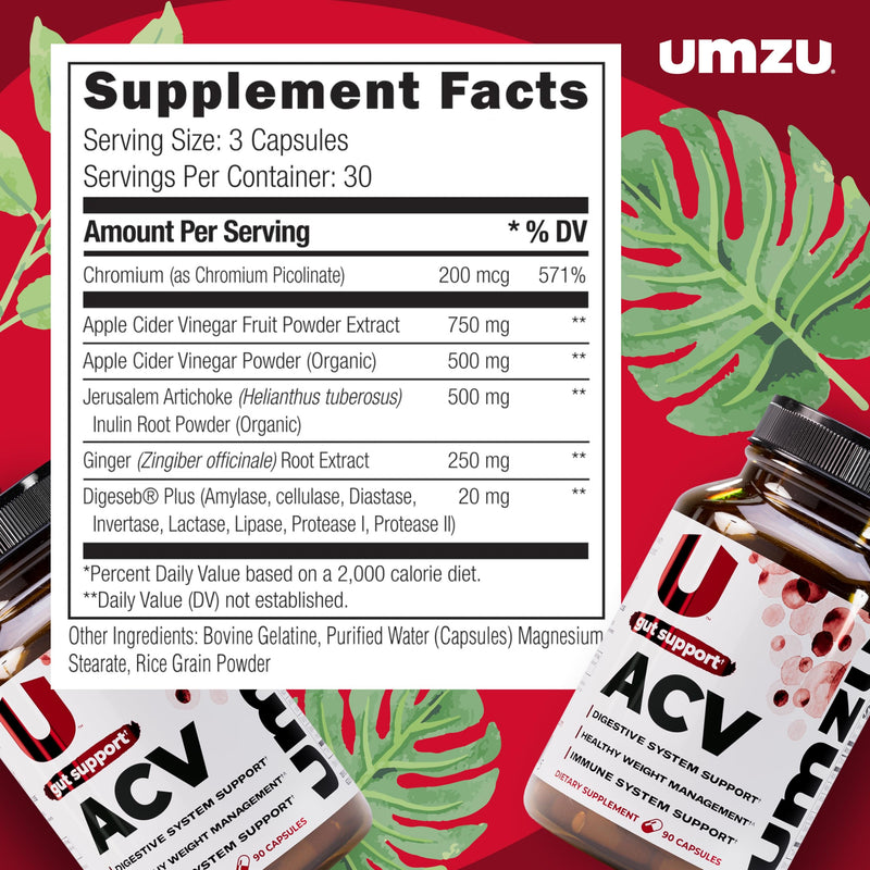 UMZU zuACV Apple Cider Vinegar Capsules, 30 Day Supply | ACV and Inulin Prebiotic Fiber Blend, Gut Health Support, Digestive Health, Daily Wellness and Microbiome Balance