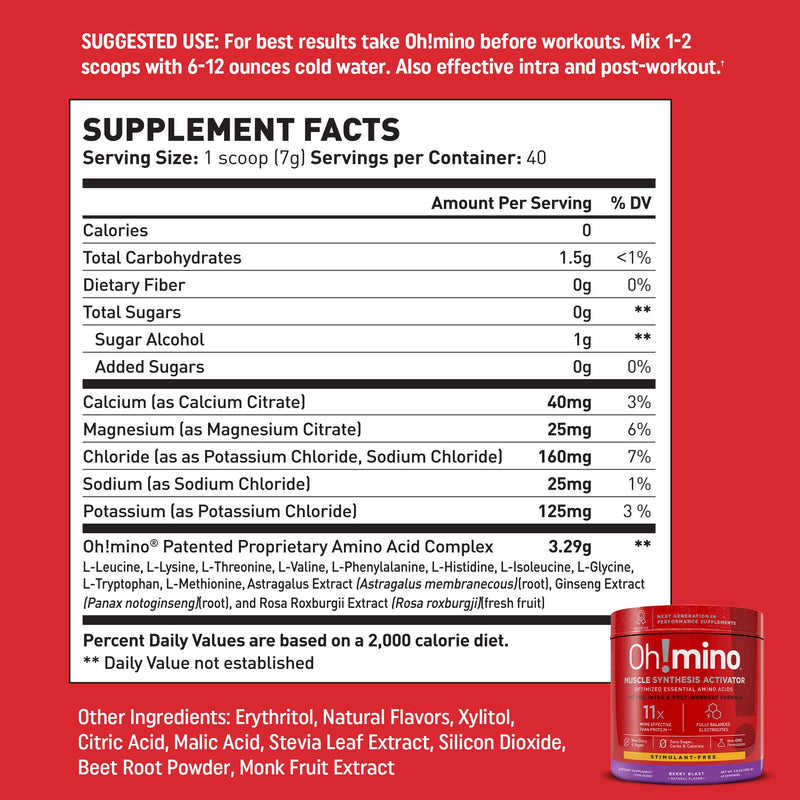 [Australia] - Oh!mino Amino Acid Energy Blend - Sugar-and-Stimulant-Free, Pre-Post Workout Powder, BCAA Amino Acids, Workout Recovery Drink, Muscle Synthesis Activator, Berry Blast, 280 g, 40 Servings Berry Blast (Stimulant-Free) 40 Servings (Pack of 1) 
