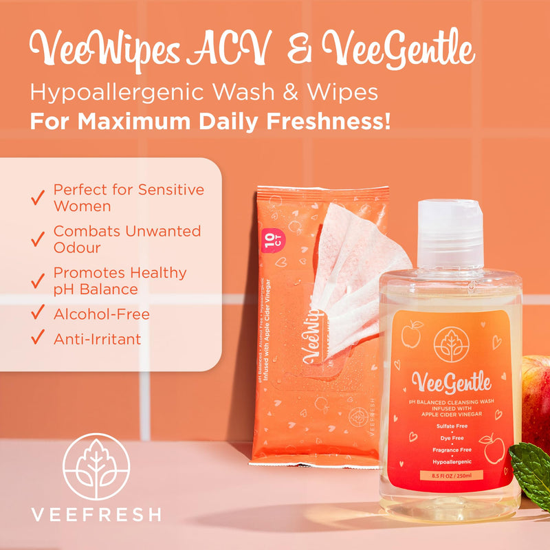 [Australia] - VeeFresh VeeDaily - VeeGentle Intimate Wash & VeeWipes ACV Sensitive Vee Bundle - Apple Cider Vinegar Infused Female Wipes for Women & Natural Feminine Wash for Sensitive Vees! 