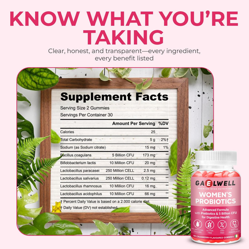 Women’s Probiotic Gummies | 5 Billion CFU, 6 Strains with Fibre | Daily Supplement for Women | Vegan, Gluten & Dairy Free | Cranberry Flavour | 60 Gummies
