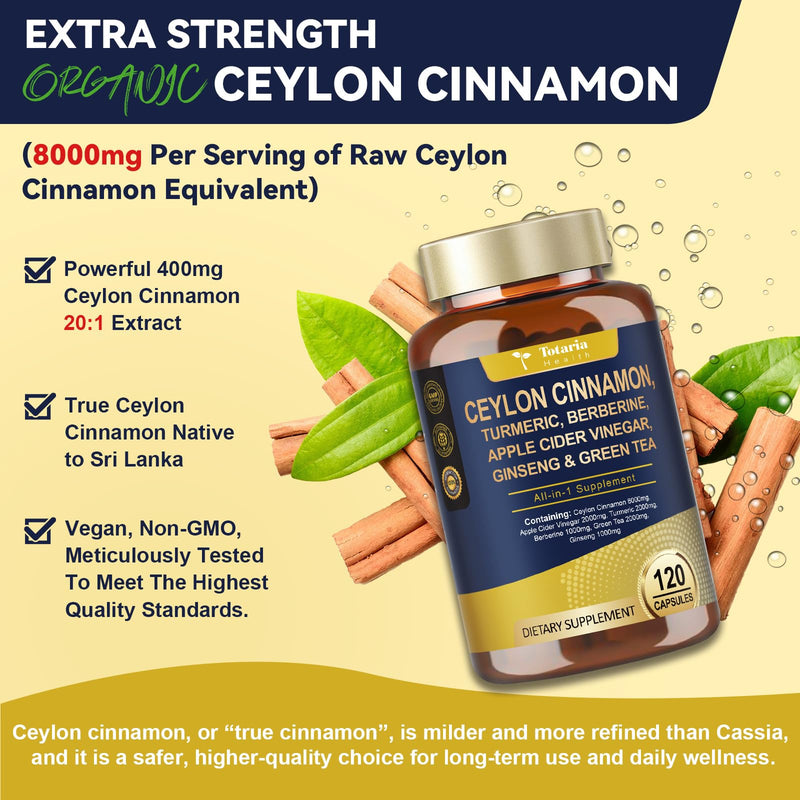 [Australia] - 18-in-1 Organic Ceylon Cinnamon Capsules with Berberine, Ceylon Cinnamon Supplement w/Apple Cider Vinegar Turmeric Bitter Melon Milk Thistle, for Metabolism, Energy, Heart*, 120 Counts 120 Count (Pack of 1) 