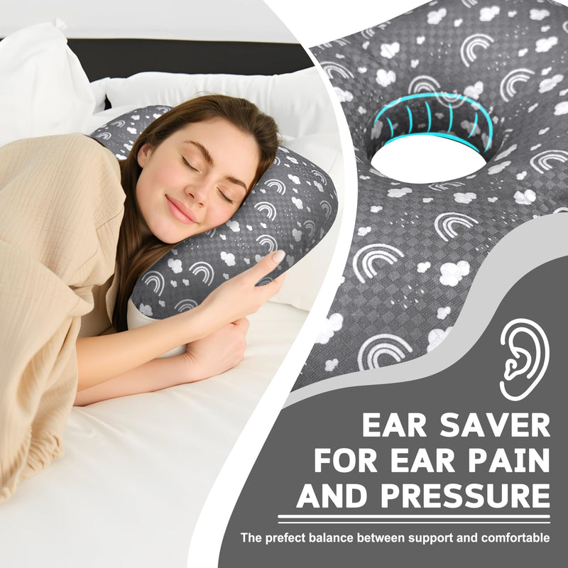 [Australia] - Ear Piercing Pillow with Ear Hole for Side Sleeper Relief Ear Pain,Cotton and Polyester Ear Pillows,Washable Ear Guard Pillow Grey White 