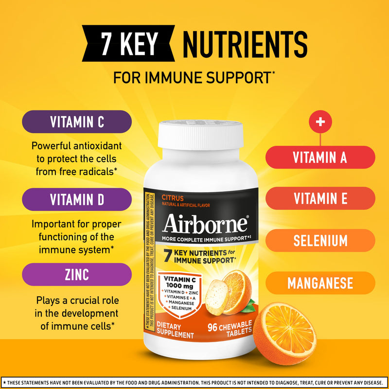 Airborne Vitamin C 1000mg (per Serving) - Citrus Chewable Tablets (96 Count in a Box) - Packaging May Vary | Antioxidants Vitamins A, D & E + Zinc, Selenium, and Manganese, Herbal Blend, Multivitamin Supplements, Immune Health, Tasty 96 Count (Pack of 1)