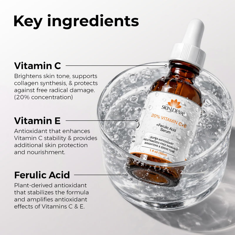 Skin Deva 20% Vitamin C Serum Anti Aging with Hyaluronic Acid & Vitamin E Ferulic Acid - Brightening Formula for Improving Appearance of Dark Spots, Fine Lines & Wrinkles - All Skin Types, 1 fl oz 1 Fl Oz (Pack of 1)