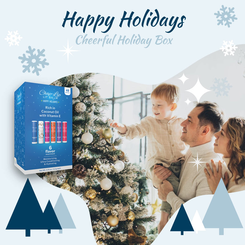 Chap-Lip Lip Balm Rich in Coconut Oil & Vitamin E - Moisturizing, Ultra Conditioning & Hydrating - Total Lip Moisturizer & Lip Therapy Treatment - Happy Holidays 6 Flavor Assortment, 48 Count Holiday Edition