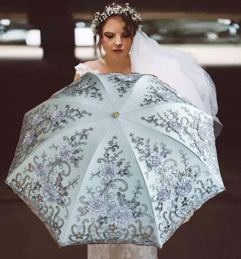 Foldable Lace Parasol Travel Sun Rain Umbrella Compact Anti UV Resistance Princess Sun Umbrella for Women & Girls 3D-Grey