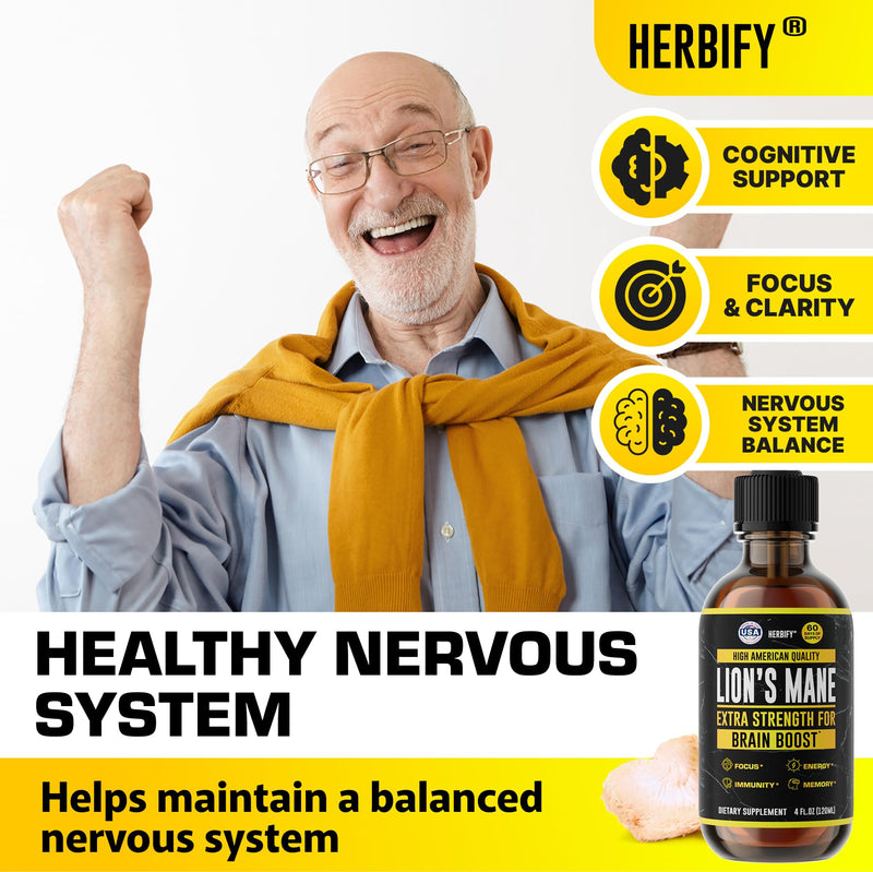 [Australia] - HERBIFY Lions Mane Supplement - Daily Mushroom Supplement for Memory, Focus & Clarity - Brain Booster - Lions Mane Tincture for Immune Support - 4 Fl oz Unflavored 4 Fl Oz (Pack of 1) 