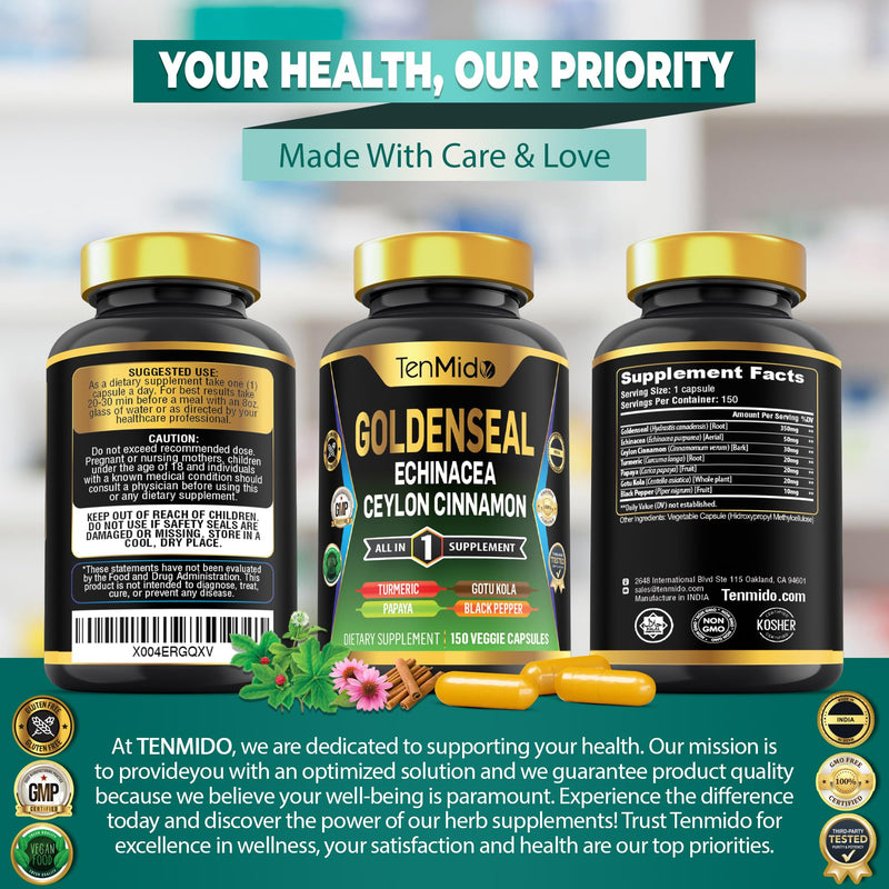 [Australia] - Goldenseal Root Supplement - 7in1 Formula - Combine with Echinacea, Ceylon Cinnamon, Turmeric, Papaya, Gotu Kola & Black Pepper - Digestive Health Support - 150 Capsules for 5 Months Supply 