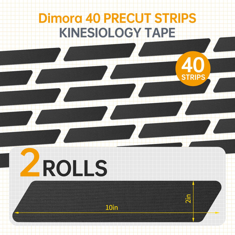 [Australia] - Dimora Kinesiology Tape, 40 Count Precut Strips 2 Rolls, Original Cotton, 10‚Äù Elastic Athletic Tape for Muscle Pain Relief and Joint Support, Black 