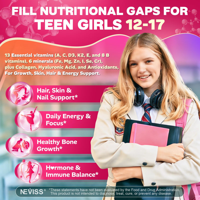 Methylated Multivitamin Gummies for Teen Girls 12-17, Methylfolate, Iron | Collagen, D3 K2, Magnesium, Zinc, Daily Vitamins A C E, B Complex for Teenager Growth, Skin, Bone, Energy - Sugar Free, 60Cts 60 Count (Pack of 1)