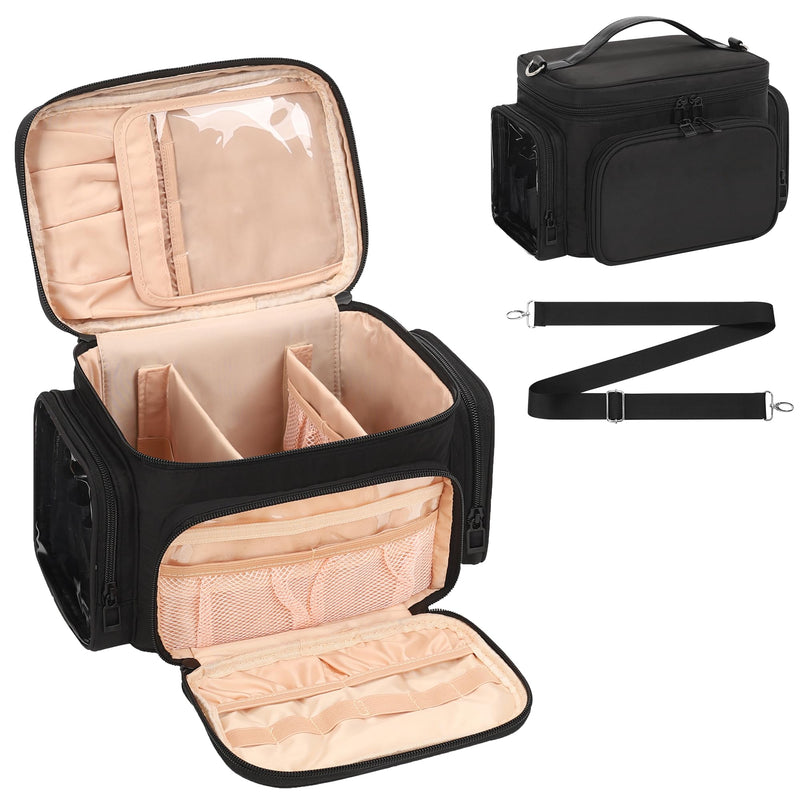 Bagmoly Makeup Bag, Portable Large Travel Makeup Bag Organizer for Women Girls with Makeup Brush Compartment, Cosmetic Travel Bag Vertical Storage Toiletry Bag - Black with Shoulder Strap 03-Black with Shoulder Strap