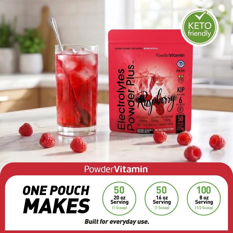 PowderVitamin Electrolytes Powder Plus - 50 Servings - Raspberry Flavor | Sugar-Free Hydration Powder, 1000mg Potassium, 120mg Magnesium, 120 mg Calcium, Himalayan Salt, Vitamin C & Zinc, USA Made 50 Servings (Pack of 1)