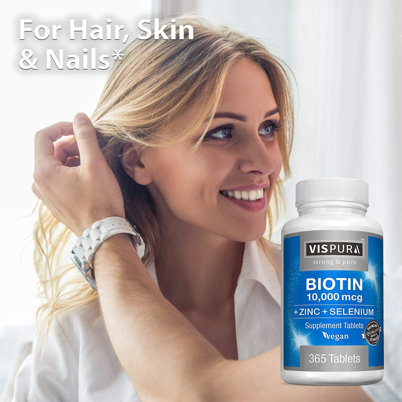 [Australia] - Biotin 10000 mcg + Zinc + Selenium, Pure, Vegan & Extra Strong, Best Supplement for Hair Growth, Glowing Skin, Strong Nails*, 365 Tablets for 12 Months, Natural Without Additives 365 Count (Pack of 1) 