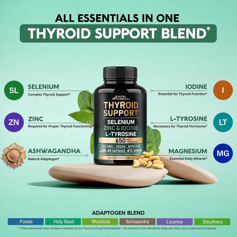 [Australia] - Thyroid Support for Women - Selenium 200 mcg | Zinc & Iodine | L-Tyrosine | Magnesium | Adaptogen Herbs - 20-in-1 Antioxidant & Immune Support - Vegan, NON-GMO, Lab Tested - 60 Capsules, Made in USA 
