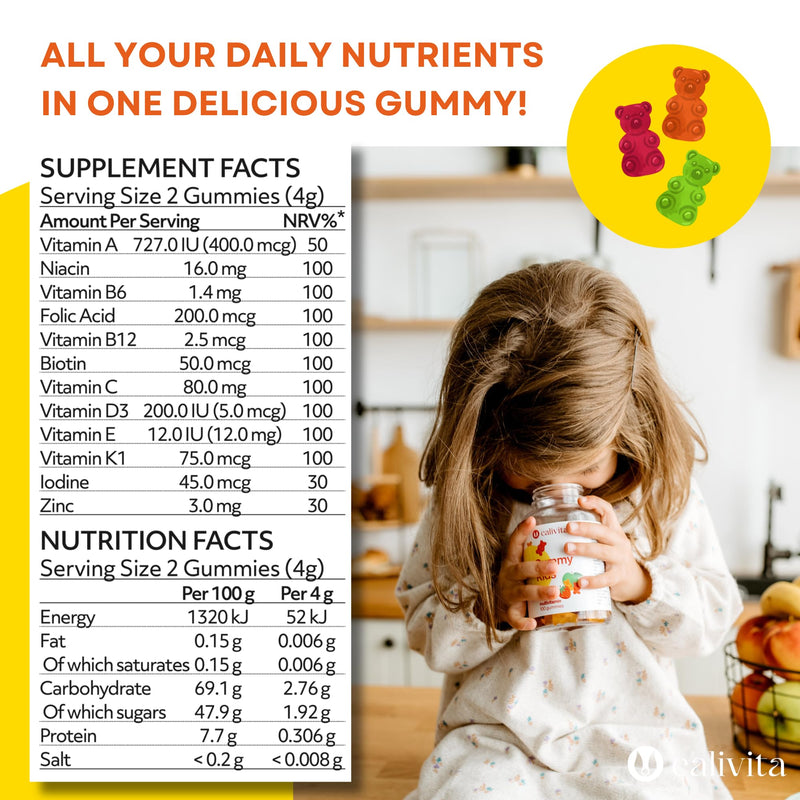 Gummy Kids Multivitamin Gummies | Multivitamin Gummies for Kids Age 3+ | 12 Essential Vitamins & Minerals | Children's Vitamins with Vitamins A C D3 E K1 B6 B12 Zinc & Biotin | Low Sugar | 100 Gummies