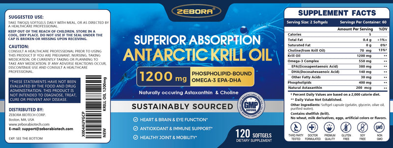[Australia] - Krill Oil 1200 mg Omega 3 Supplement, Krill Oil Omega 3 with High Absorption EPA, DHA, Astaxanthin & Phospholipids, Supports Heart & Joint Health, No Fishy Aftertaste - 120 Softgels (60 Servings) 120 Count (Pack of 1) 