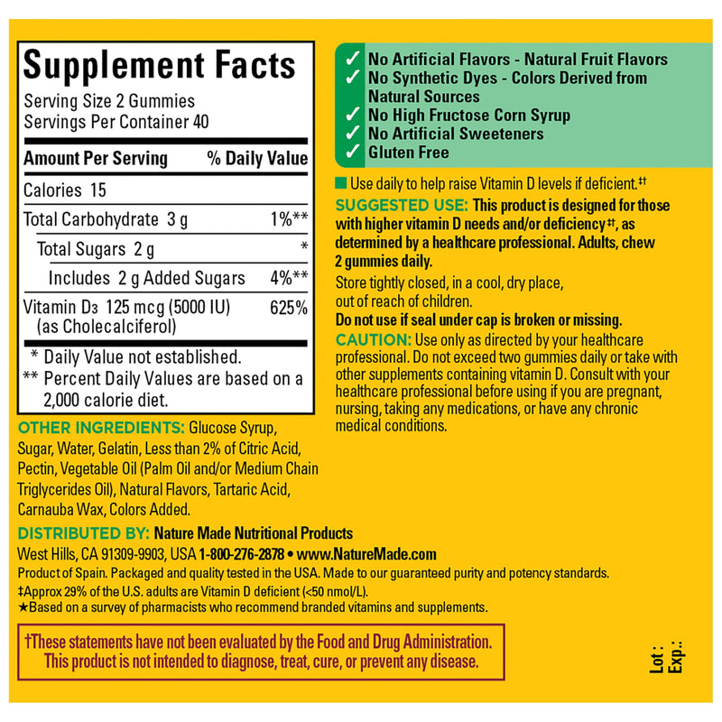 Nature Made Vitamin D3 5000 IU per Serving, 80 Vitamin D Gummies Strawberry, Peach, Mango 80 Count (Pack of 1)