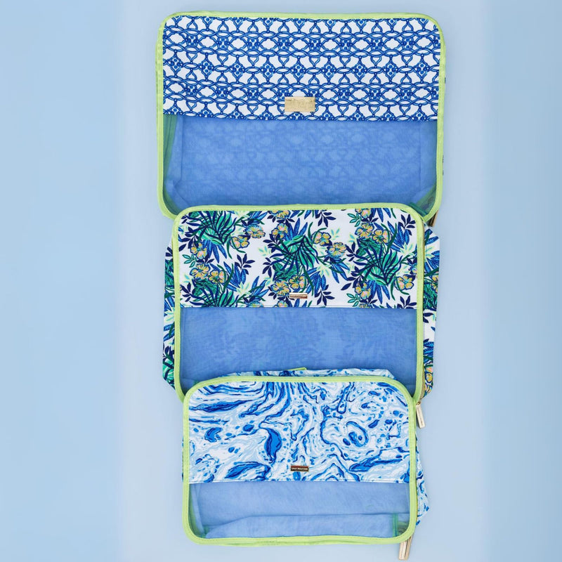 Lilly Pulitzer Packing Cubes Set of 3, Blue and Green Prints | Resort Ready Polyester & Mesh Suitcase Luggage Organizers in 3 Sizes with Zipper Closures, Trim, & Handles for Travel
