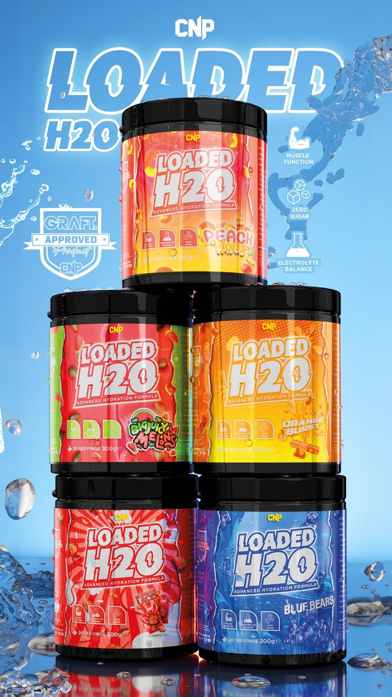 CNP Professional Loaded H20 Advanced Hydration Formula with Potassium, Sodium & Chloride for Electrolyte Balance. 20 Servings, 300g 5 Mouth-Watering Flavours (300g, Peach Rings)