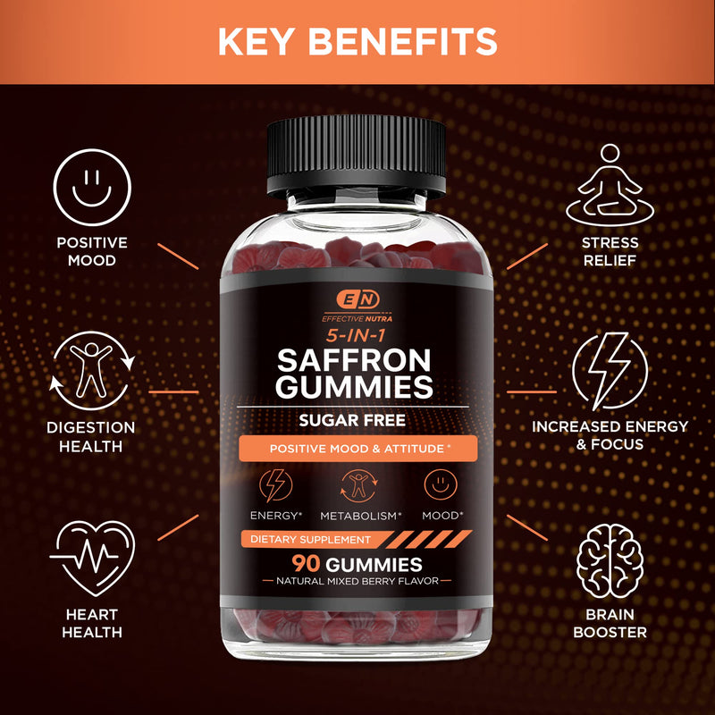 [Australia] - Saffron Gummies - Sugar Free Saffron Supplement with Vitamin D2, Passion Flower, St. John's Wort, GABA - Positive Mood, Digestion, Energy (90ct) 