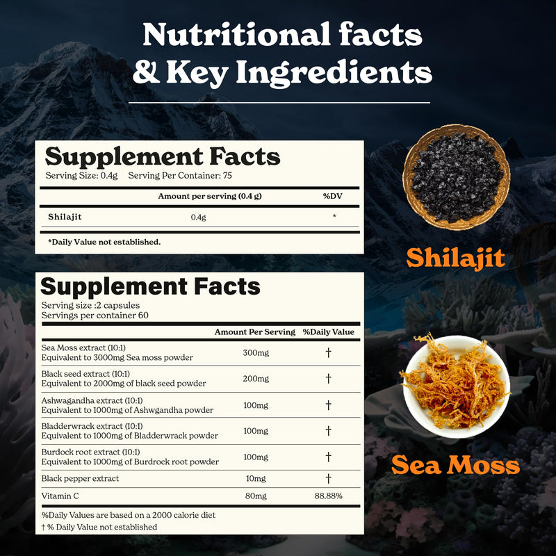[Australia] - Shilajit Resin 30 gm & Sea Moss Capsules Energy Duo| Pure Himalayan Shilajit Gold Grade for Men & Women with High Potency & Irish Sea Moss with Black Seed Oil 