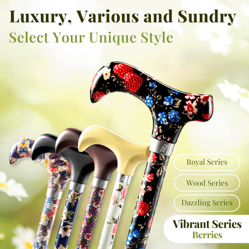 [Australia] - Merry Sticks Lightweight Foldable Walking Canes for Women and Men, Adjustable & Collapsible Walking Stick for Seniors, Balancing Mobility Aids, Ergonomic Handle & Wrist Strap - Berries Classic Grip 