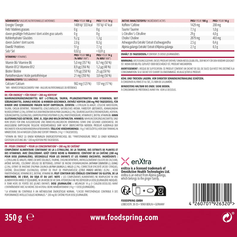 [Australia] - foodspring All-in-One Pre-Workout Booster for Energy & Focus - 200mg Caffeine Per Serving & Sugar Free - with EnXtra, Taurine, Citrulline, B6, B8, Choline & Ashwagandha (350g | Dark Cherry & Dark Cherry & Raspberry 