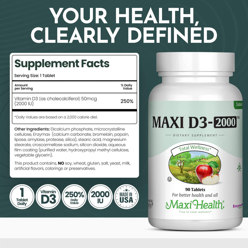 Maxi Health® Vitamin D3 2000IU Supplement (90 Tablets) | Kosher | Vitamin D Immune Support Supplement | Calcium Absorption, Bone, Teeth & Muscle Support | Non-GMO | Doctor Formulated 90 Count (Pack of 1)