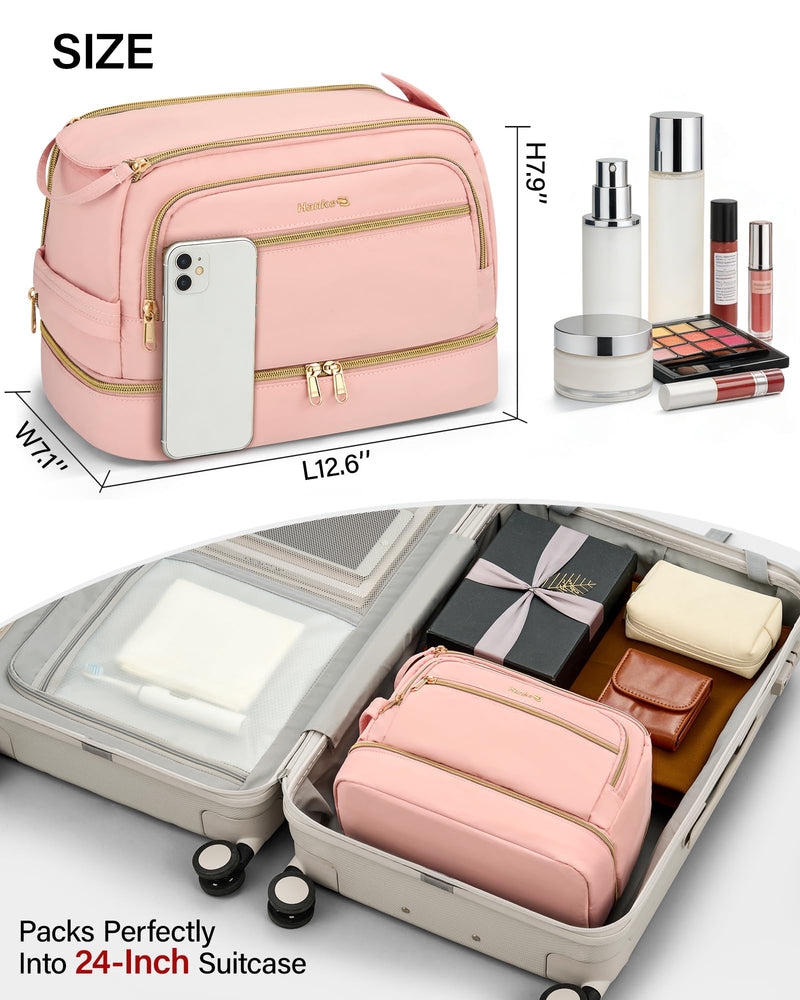 Hanke Travel Toiletry Bag, Lightweight Wide-open Makeup Bag, Dual-Layer Travel Bag for Toiletries Water-Resistant Cosmetic Bags Large Toiletry Bags for Women & Men, Travel Essentials, Pink
