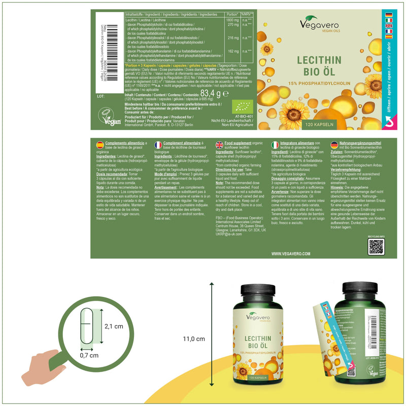 [Australia] - Organic Lecithin Capsules | 1800 mg from sunflower | Vegan | Cold pressed | 15% Phosphatidylcholine | no soy | 120 pieces | Vegavero® 