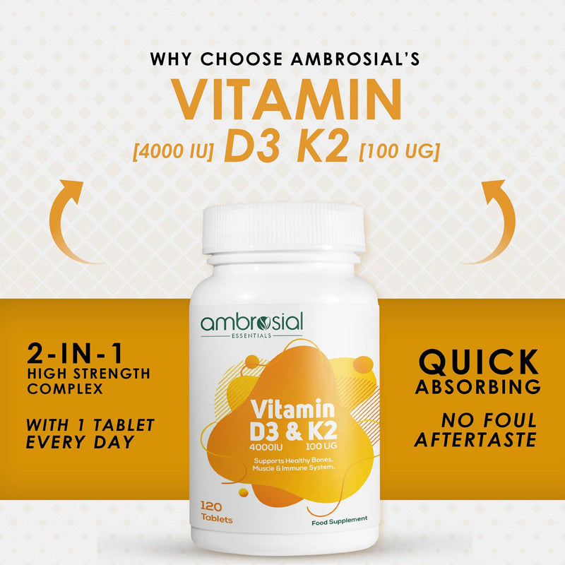 Ambrosial Vitamin D3 & K2 Tablets 4000IU Vitamin D3 + 100µg Vitamin K2 MK-7 for Healthy Bones, Muscles, and to Support the Immune System - 120 Tablets