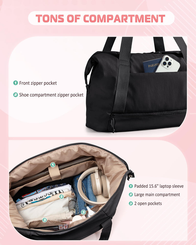 Smasrob Travel Duffle Bag with Shoe Compartment and Laptop Sleeve for Women | Lightweight Weekender Duffel Bag for Travel, Gym, Hospital Labor Delivery, Black