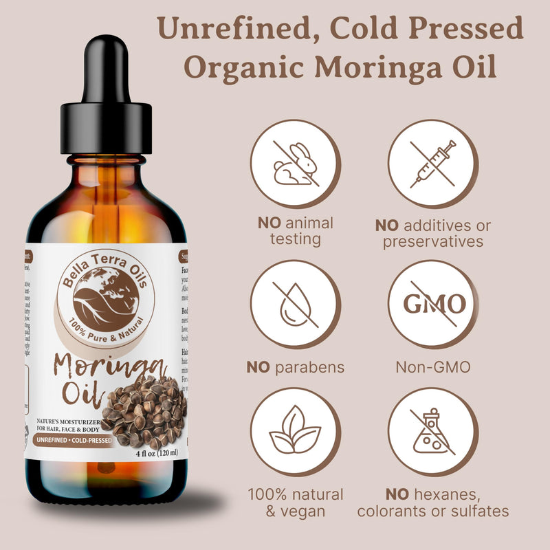 Bella Terra Oils - Natural Moringa Seed Oil 2oz - A Blend of Nature's Best, High in Oleic Acid & Vitamin E, For a Touch of Luxurious Smoothness 2 Fl Oz (Pack of 1)