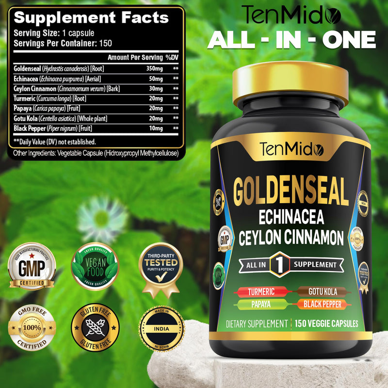 [Australia] - Goldenseal Root Supplement - 7in1 Formula - Combine with Echinacea, Ceylon Cinnamon, Turmeric, Papaya, Gotu Kola & Black Pepper - Digestive Health Support - 150 Capsules for 5 Months Supply 