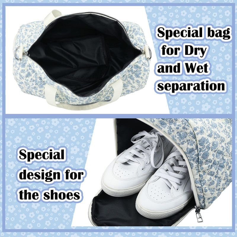 Dansydaisy Blue Floral Quilted Duffle Bag for Women Cotton Large Floral Travel Duffle Dance Bag with Adjustable Carry Strap and Handy Pouch Backpack for Dancers Travel