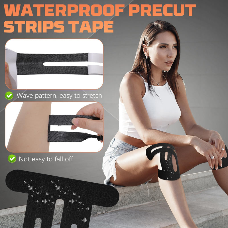 Kinesiology Tape for Knee, 15 Strips Precut Knee Tape for Stability and Patellar Support, Waterproof Elastic Breathable Athletic Sports Tape (Black)