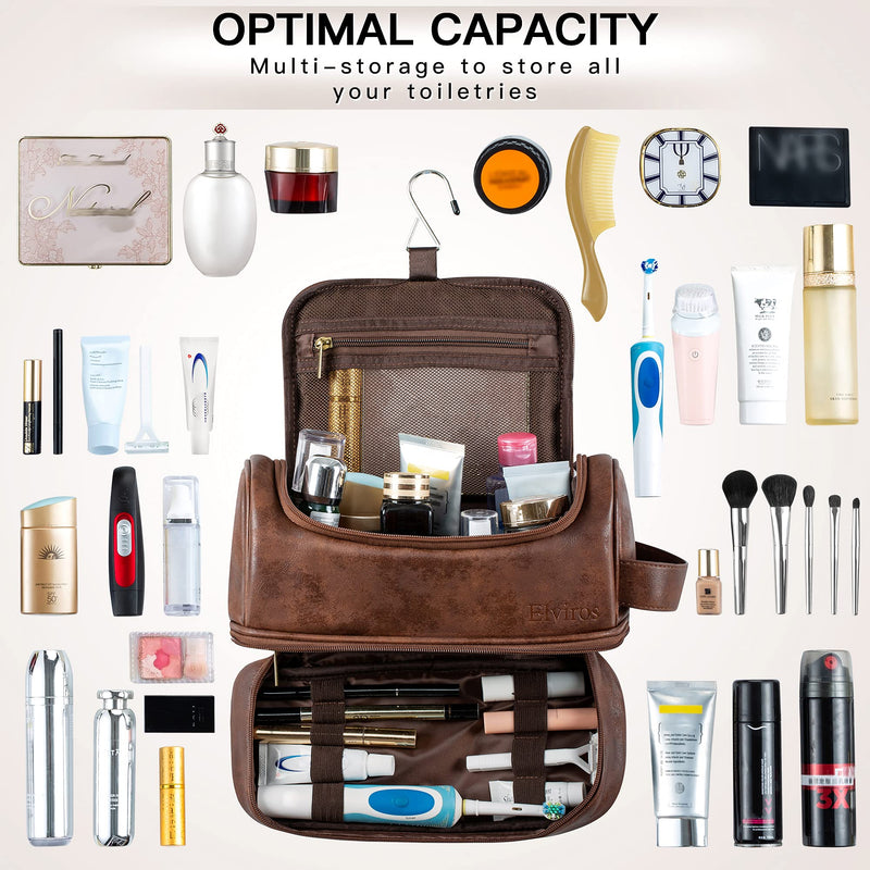 Elviros Travel Toiletry Bag Mens Leather Travel Organizer Kit with hanging hook Water-resistant Toiletries Bathroom Shaving Bags for Women