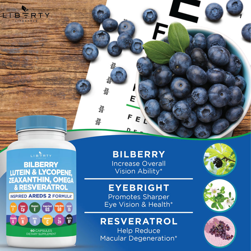 Liberty Lifestyle Eye Health Vitamins with Bilberry, Lutein & Zeaxanthin, Lycopene, Resveratrol, Grape Seed Extract, Flaxseed Astaxanthin- AREDS 2-120 Capsules 60 Count (Pack of 2)