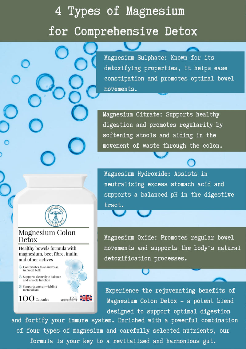 Magnesium Colon Detox – 4 Magnesium Types, Prebiotic Fibre, ACV & Vitamin C – Gentle Daily Digestive Support – Vegan, 100 Capsules