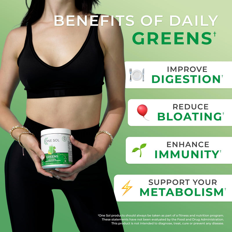 One Sol Super Greens Powder for Gut Health with Prebiotics & Probiotics | Organic greens and superfood blend with digestive enzymes for digestion and gut health support; vegan and soy-free.