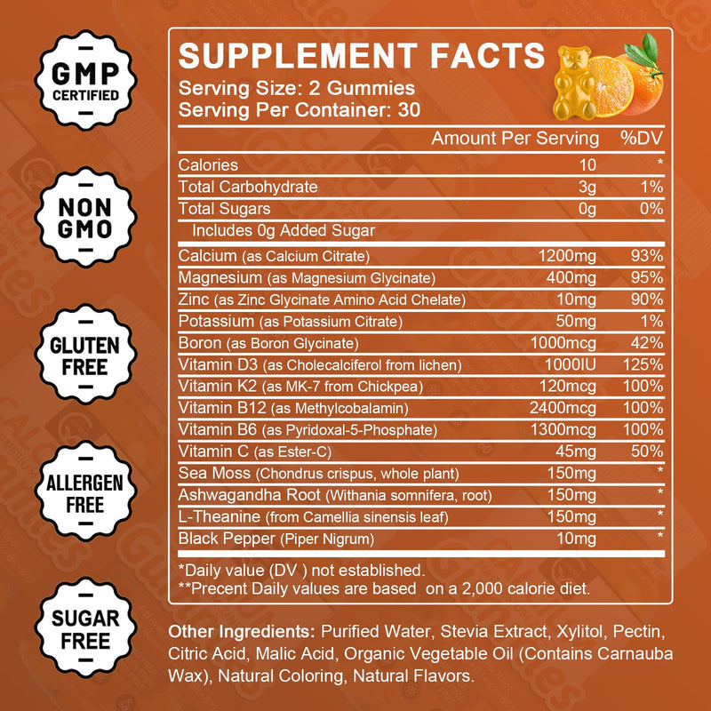 1200mg Calcium Gummies with Vitamin D3,K2,B12 & B6 - Plant Complex Calcium Magnesium Supplement with Glycinate,Potassium,Sea Moss,Ashwagandha Root for Bone & Teeth Strength, Muscle & Immune-2 Pack 60 Count (Pack of 2)