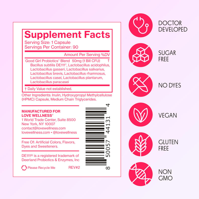 Love Wellness Good Girl Vaginal Probiotics | 9-Strain | 90-Day Supply | 9-strain probiotic, Dietary supplement, Gluten-free, Easy to take, 90 capsules 90 Count (Pack of 1)