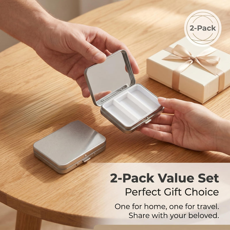 2Pcs Small Pill Case with Mirror 3 Compartment Metal Pill Box for Purse and Pocket,Portable for Daily Vitamins and Medication(Silver) Silver