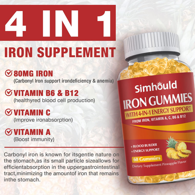 1 Pack Vegan 80MG Iron Supplement Gummies for Women & Men - Vitamin A, C, B for Adults & Kids - Blood & Builder & Energy Support for Iron Deficiency, Anemia - 60 Counts Pineapple Flavor Gummies Yellow - 1 Pack