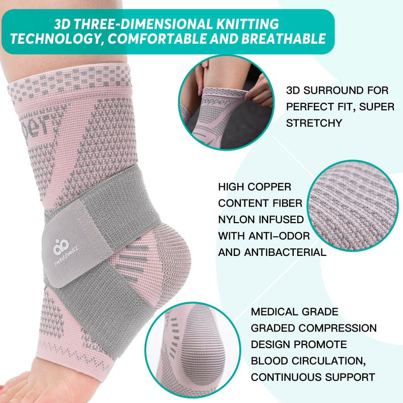 INDEEMAX Ankle Brace for Women & Men, Ankle Compression Sleeve Support Copper Infused Ankle Brace for Sprained Ankle, Plantar Fasciitis Sports, Achilles Tendonitis Pain Relief, Pink Silver, S Copper Pink Silver Small