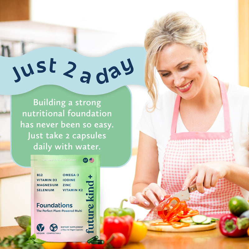 Future Kind Carrageenan-Free Foundations Multivitamin for Women & Men with Omega-3, B12, D3, Zinc, Iodine, Magnesium, K2 & Selenium, Vegan, Compostable Bag (60ct)