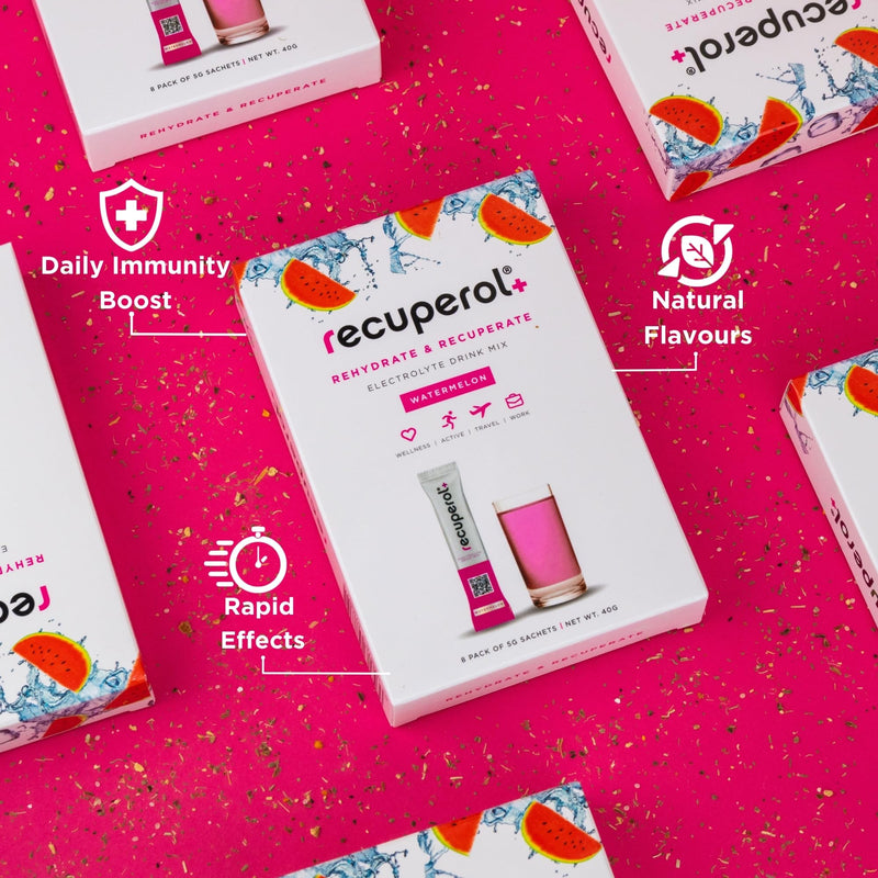 Recuperol Electrolytes Sachets - Rehydration Electrolytes Powder with Zinc, Vitamin C, B12, D3 & Potassium for Hydration - Sugar Free, Vegan & Low Calorie - Watermelon 60 Pack