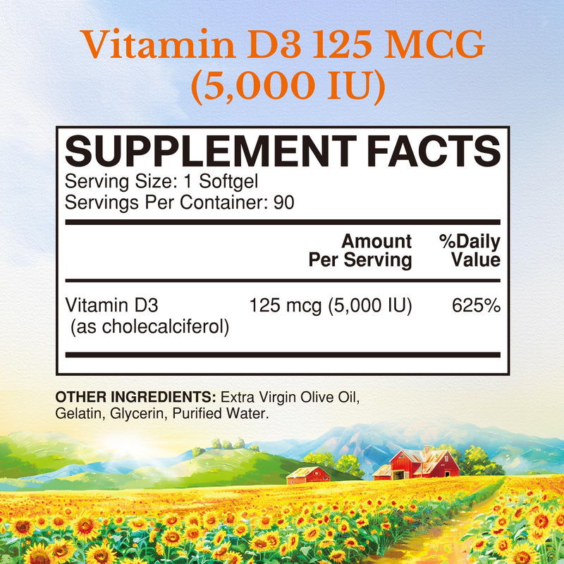 Vitalitown Vitamin D3 125 mcg (5000 IU) High Potency for Bone, Teeth, Heart and Immune Health Support, Olive Oil Based, Non-GMO and No Gluten, 90 Softgels