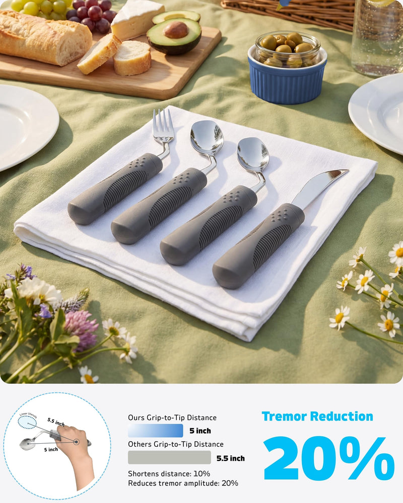 Adaptive Cutlery Set – Weighted for Hand Tremors & Parkinson's, 42°Angled Shovel Spoon, 70g (Grey, Right-Handed) Light (Weighted) – 70g