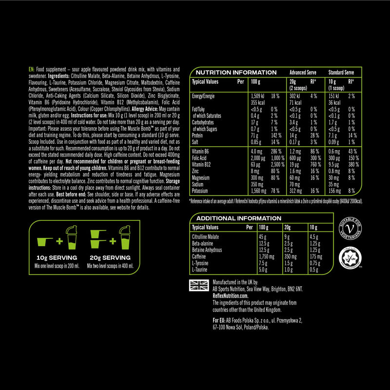 Reflex Nutrition The Muscle Bomb Caffeine Pre Workout Powder - 350mg Caffeine, 9g Citrulline Malate, 2.5g Beta Alanine - Energy, Pump & Focus for Explosive Workouts (Sour Apple, 400g, 20 Servings) Sour Apple